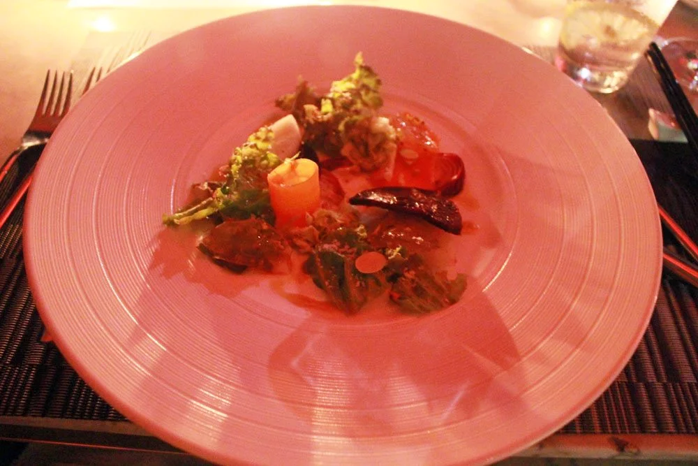 9 course dinner at qiwellness living tagaytay winter salad of roasted root vegetables + salad greens + black vinegar vinaigrette + osmanthus jelly