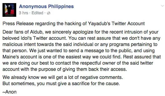 ALDub AlDub Nation Maine Mendoza Yaya Dub Twitter account Hacked Anonymous Philippines 2 copy