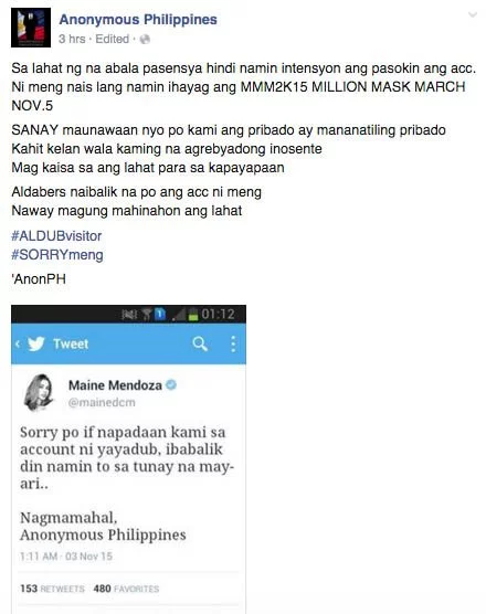 ALDub AlDub Nation Maine Mendoza Yaya Dub Twitter account Hacked Anonymous Philippines 3 copy