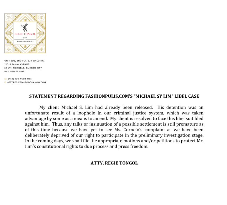FashionPulis Fashion Pulis Libel Michael Sy Lim Deniece Cornejo