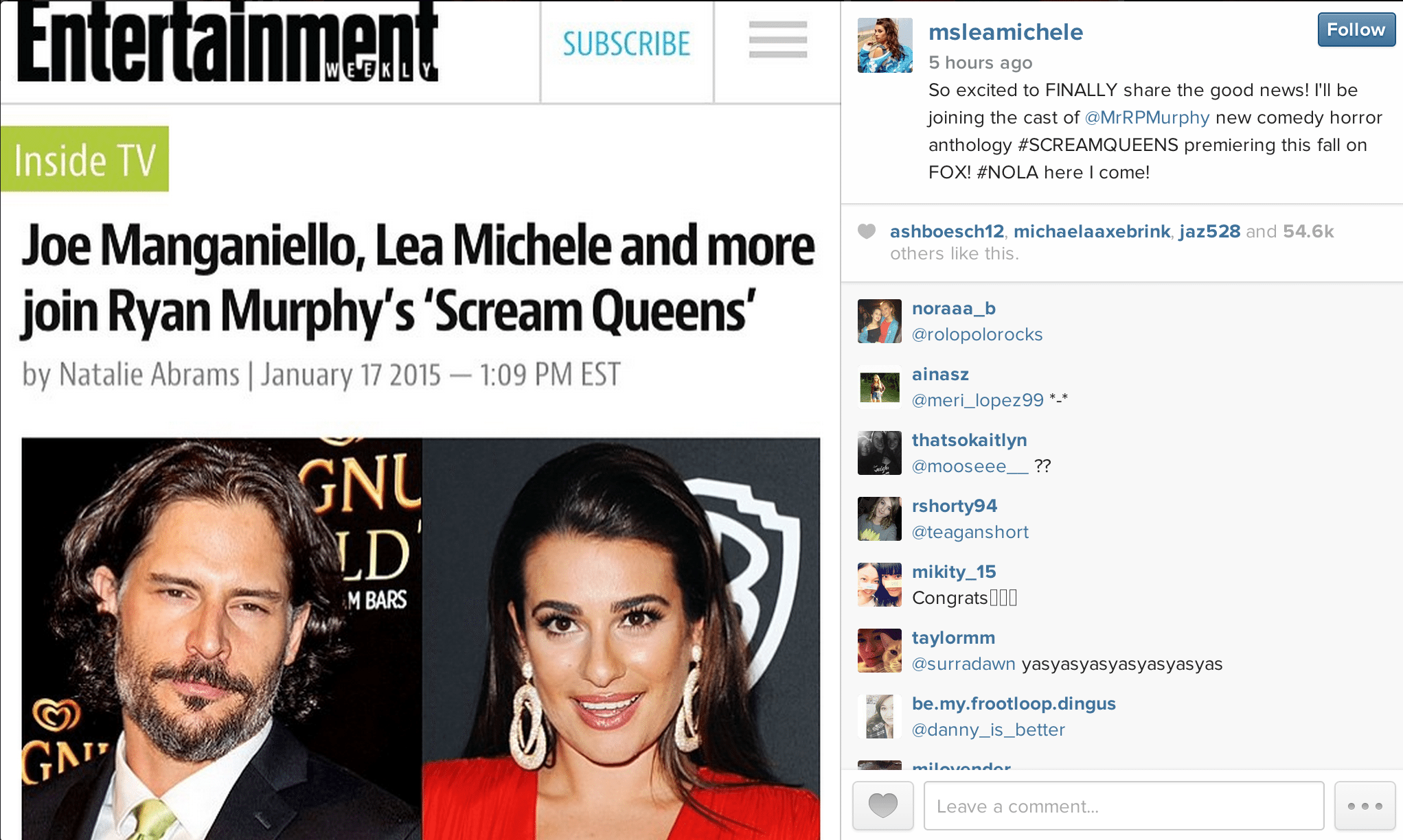 Joe Manganiello and Lea Michele Scream Queens