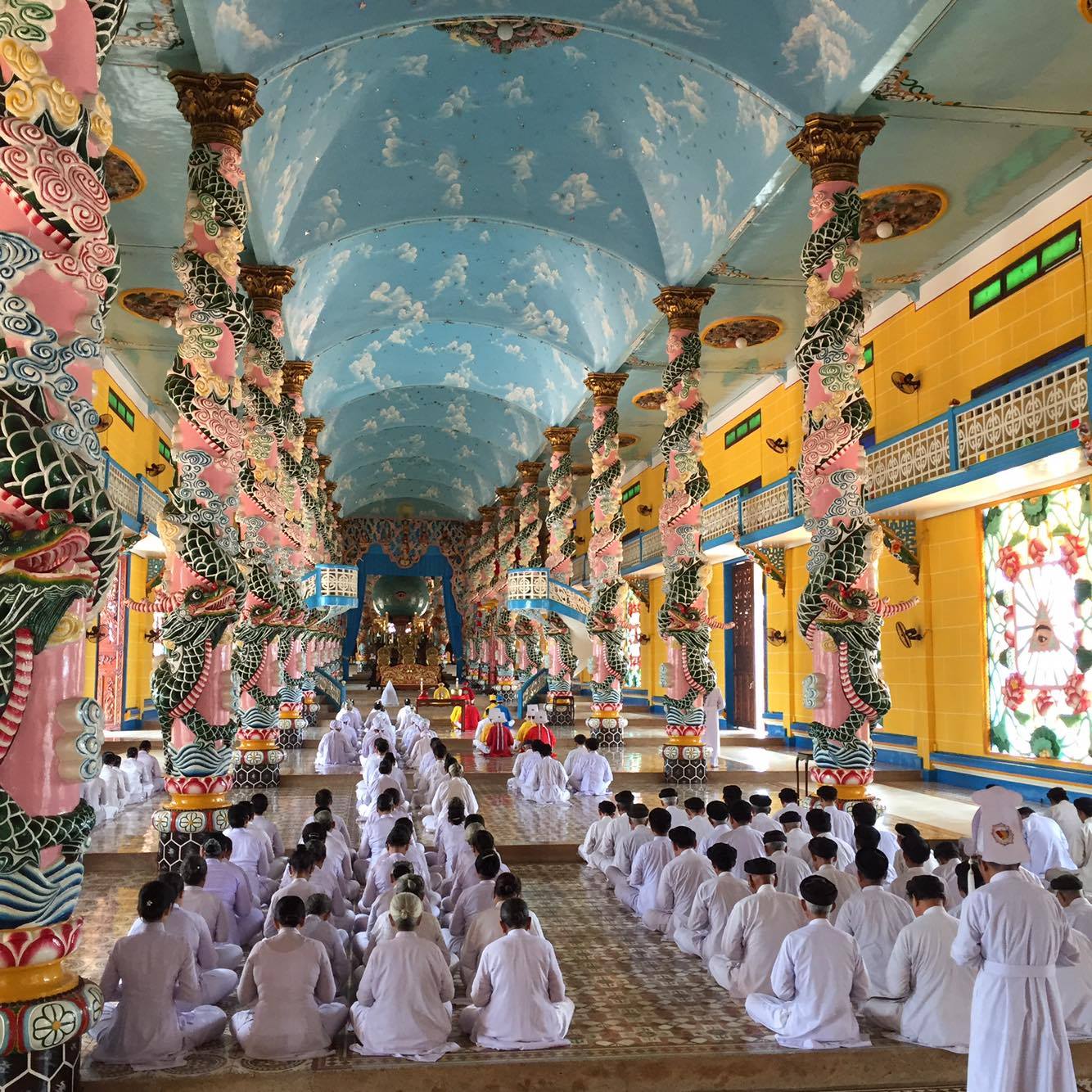 cao dai temple worshippers tay ninh vietnam inside altar god