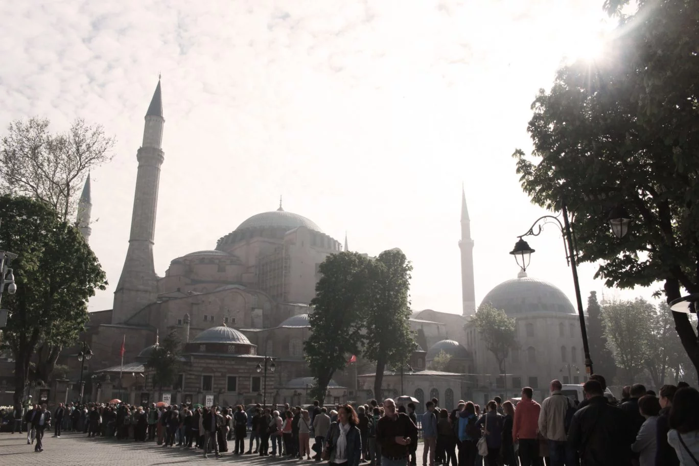 facade of hagia sophia queue people turkey