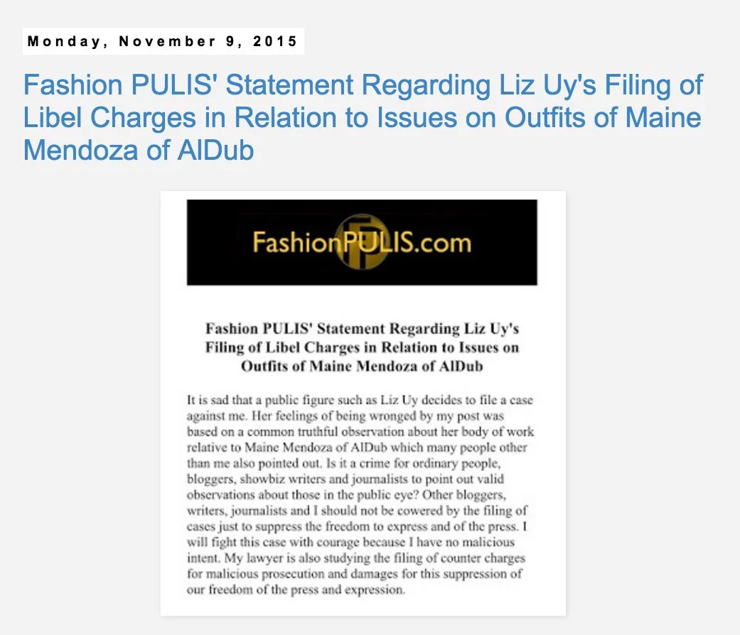 fashion pulis statement against liz uy