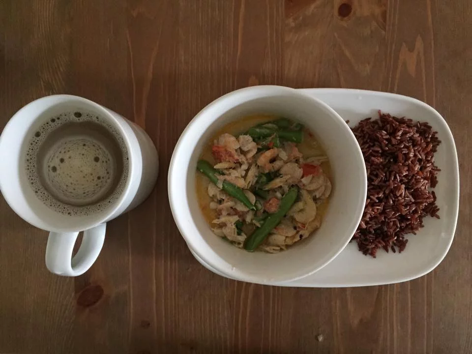 ginataang hipon at sitaw recipe with rice and coffee